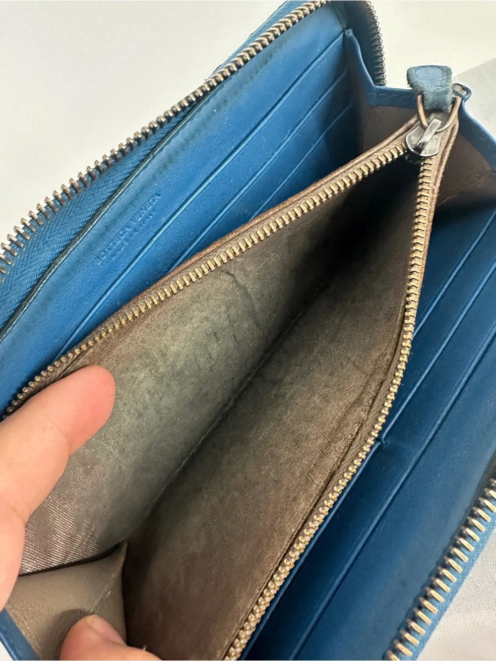 Bottega Veneta blue woven intrecciato long zip wallet